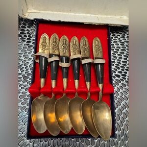 Siam Thailand brass & teak spoons set cocktail espresso tea demitasse boxed of 6